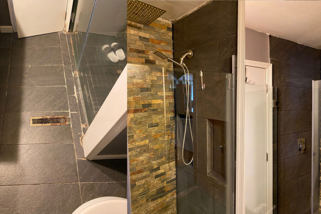 Outdated Bowie, MD bathroom with worn tiles, traditional fixtures, and outdated design.